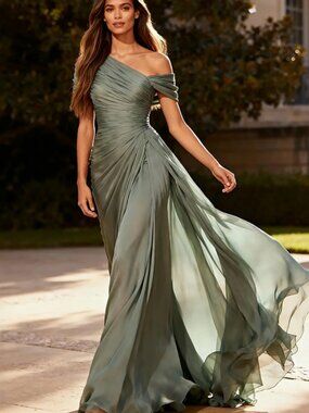 Dusty Sage Chiffon Ruched Formal Dress with Side Cape